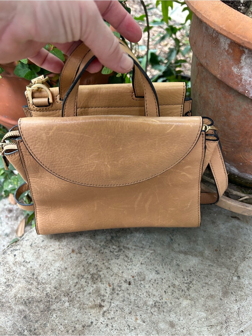 Classic Tan Leather Top-Handle Crossbody Bag - Women's